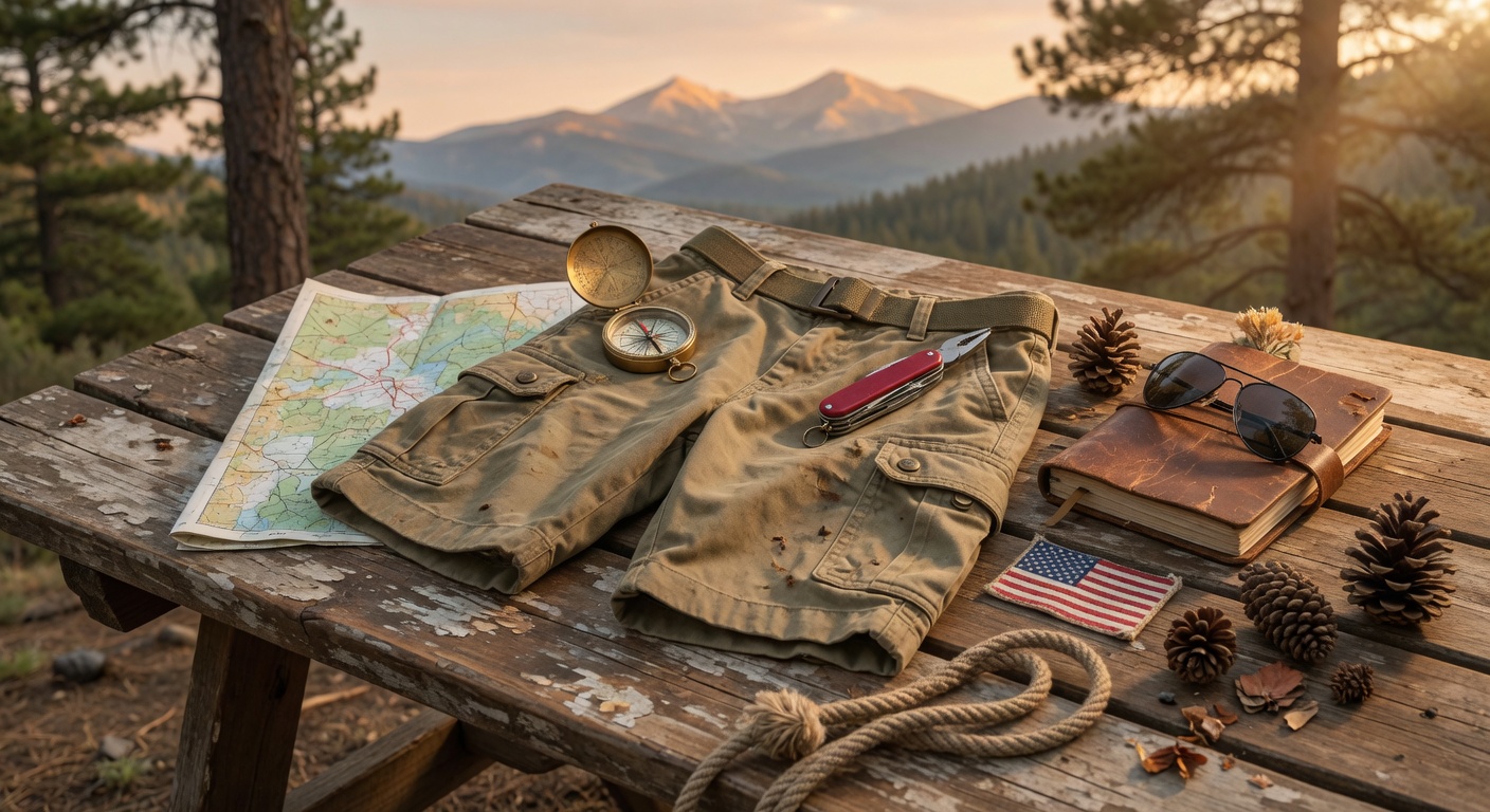 Classic cargo shorts flat lay with adventure gear on wooden table in golden hour forest light