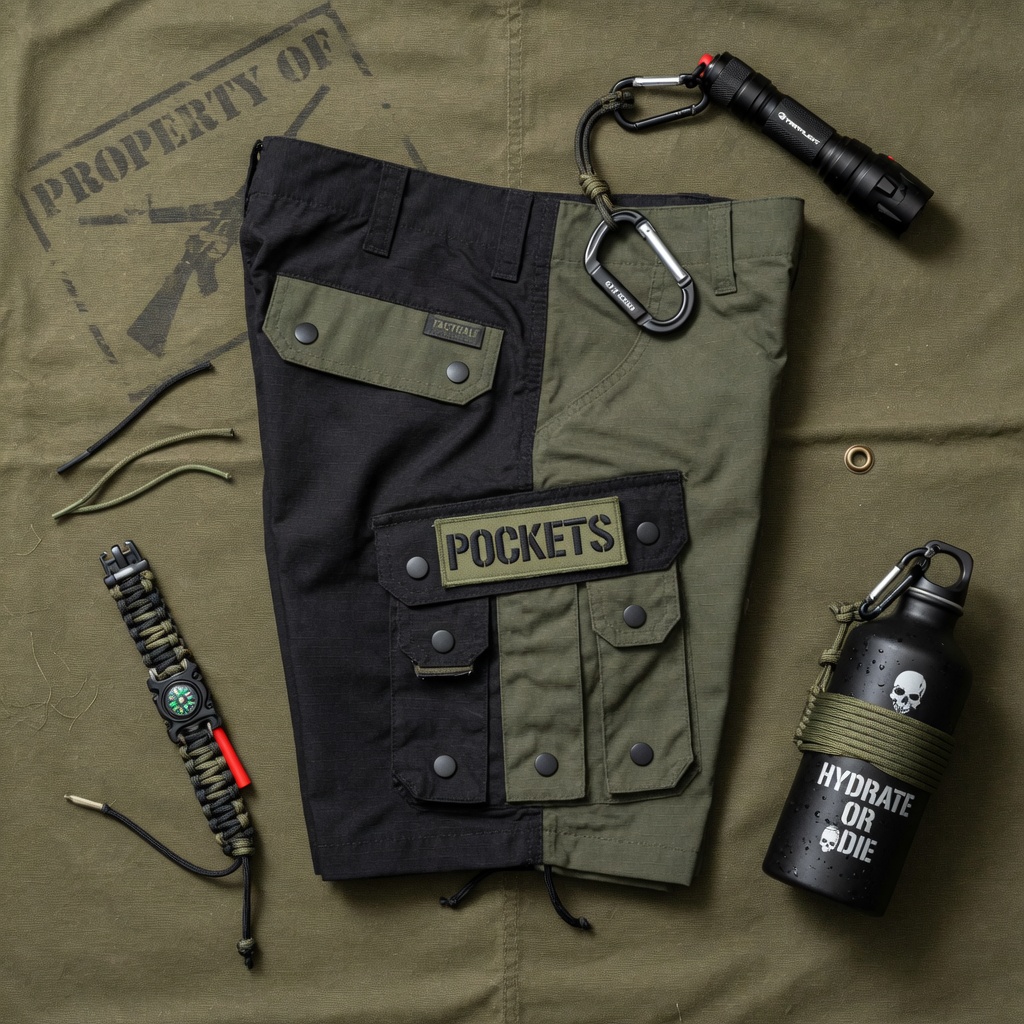Tactical flatlay of black and olive cargo shorts with survival and utility gear